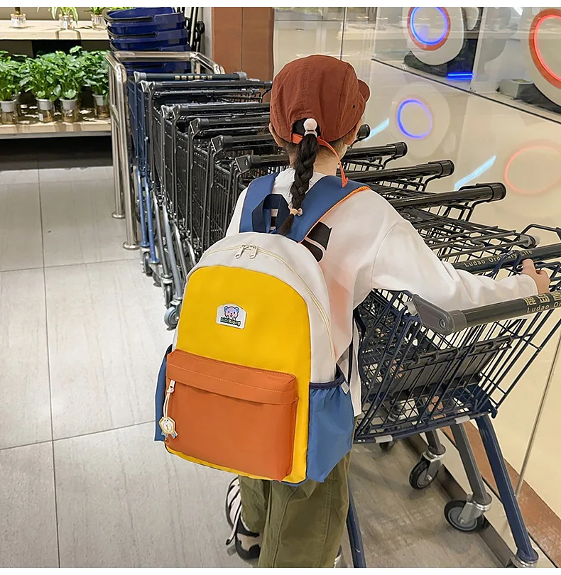 Korean Style Color Block Kids School Backpack, Cute Large Capacity Lightweight Casual Backpack