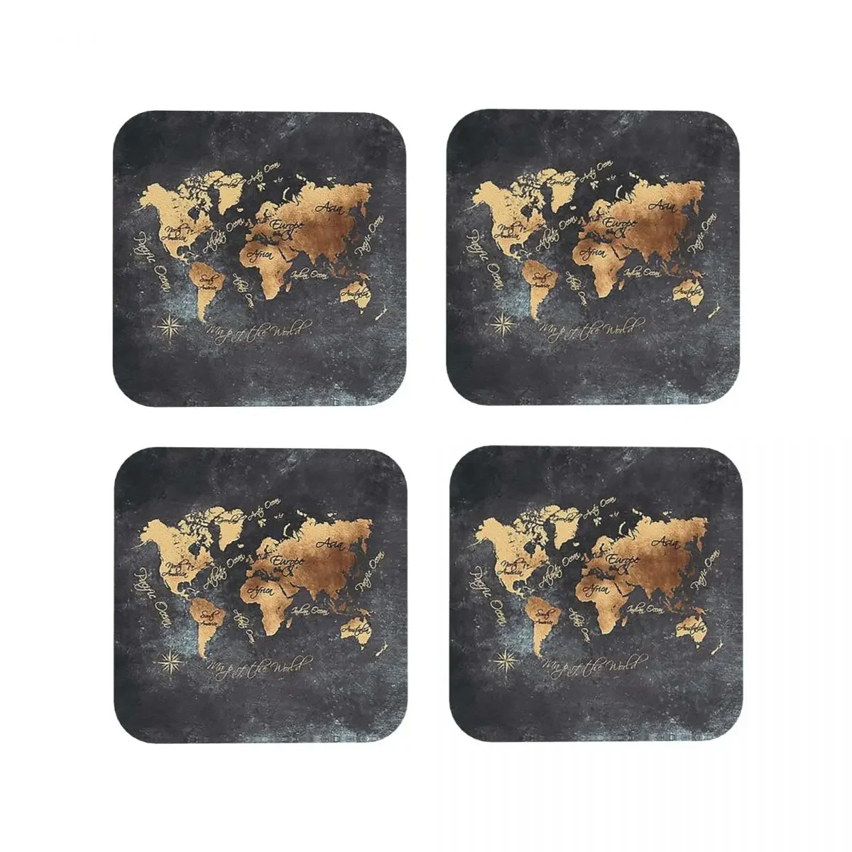 World Map 147 Gold Black Worldmap Map Coasters Kitchen Placemats Non-slip Cup Coffee Mats For Decor Home Tableware Pads Set of 4