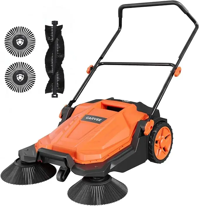Walk Behind Hand Push Floor Sweeper, 5-Gallon Waste Container, Angle & Height Adjustable Folding Handle Push Sweeper, Restores Flattened Turf & Removes Debris
