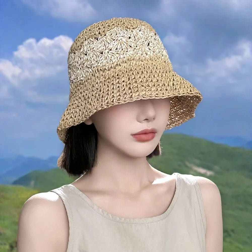 Casual Large Brim Woven Hat Hollow Out Foldable Straw Hat Sun Protection Breathable Sun Protection Hat Spring Summer