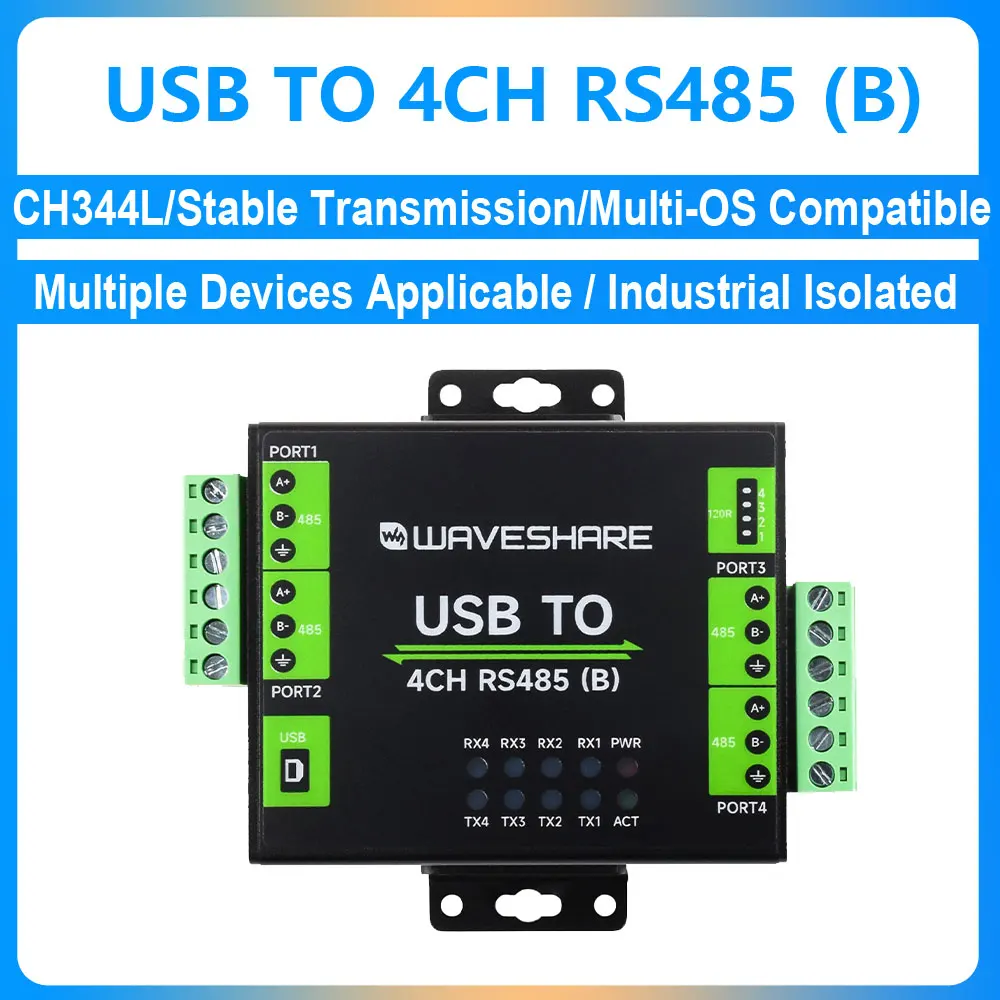 

Industrial Isolated USB TO 4CH RS485 (B) Converter UART CH344L Chip Aluminium Alloy Case For Wall/Rail-Mount