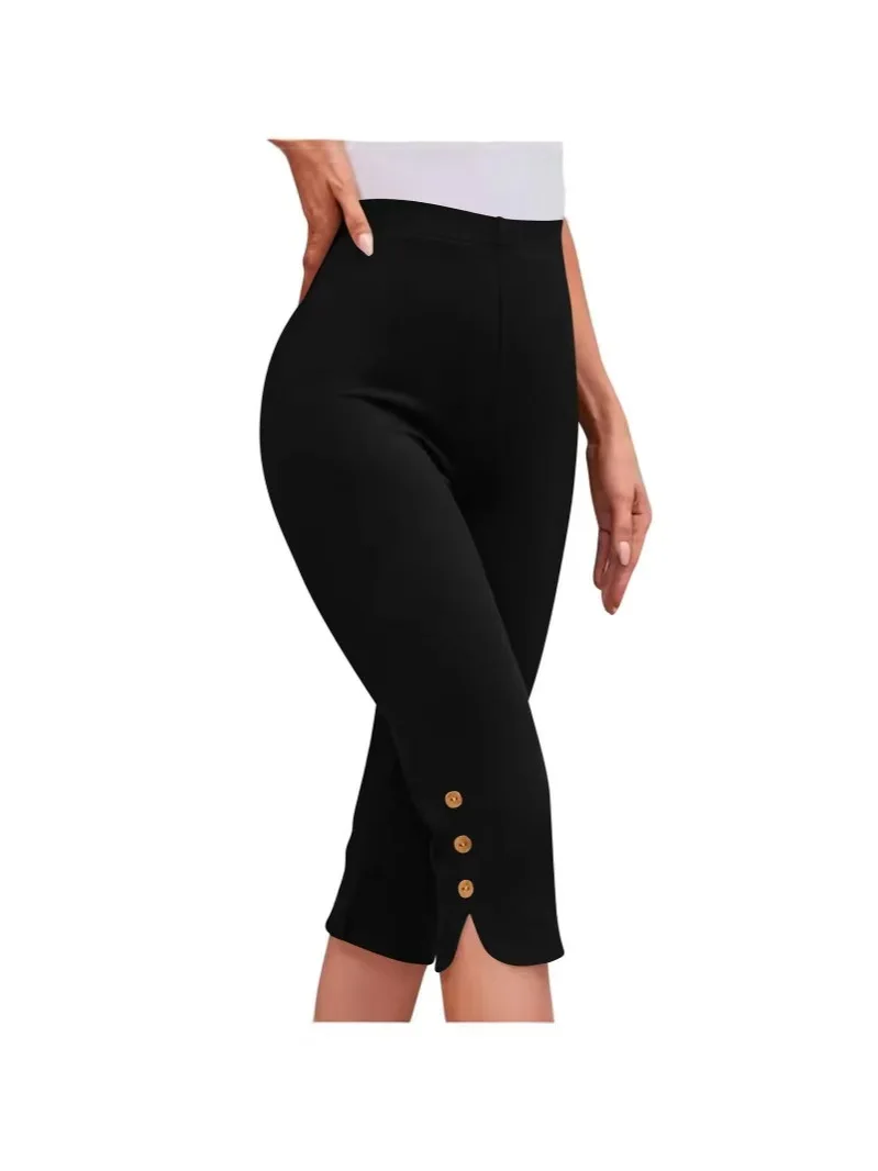 High-Waisted Elastic Seven-Foot Pants Women's Mid-Calf Trousers Base Layer Clothing with Button Detail
