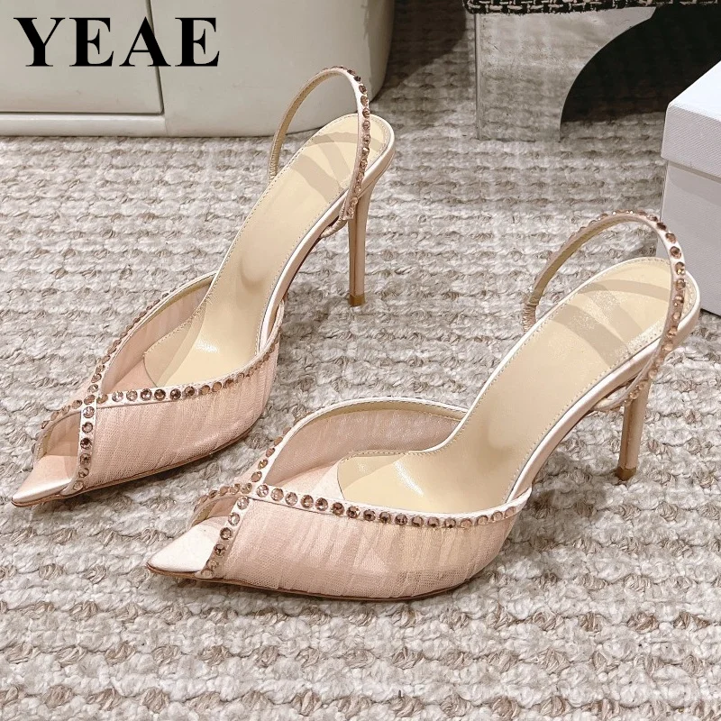 2024 Fashion Crystal High Heels Women Silk Mesh Sandals Luxury Designer Open Toe Party Shoes Ladies Back Strap Dress Pumps Women