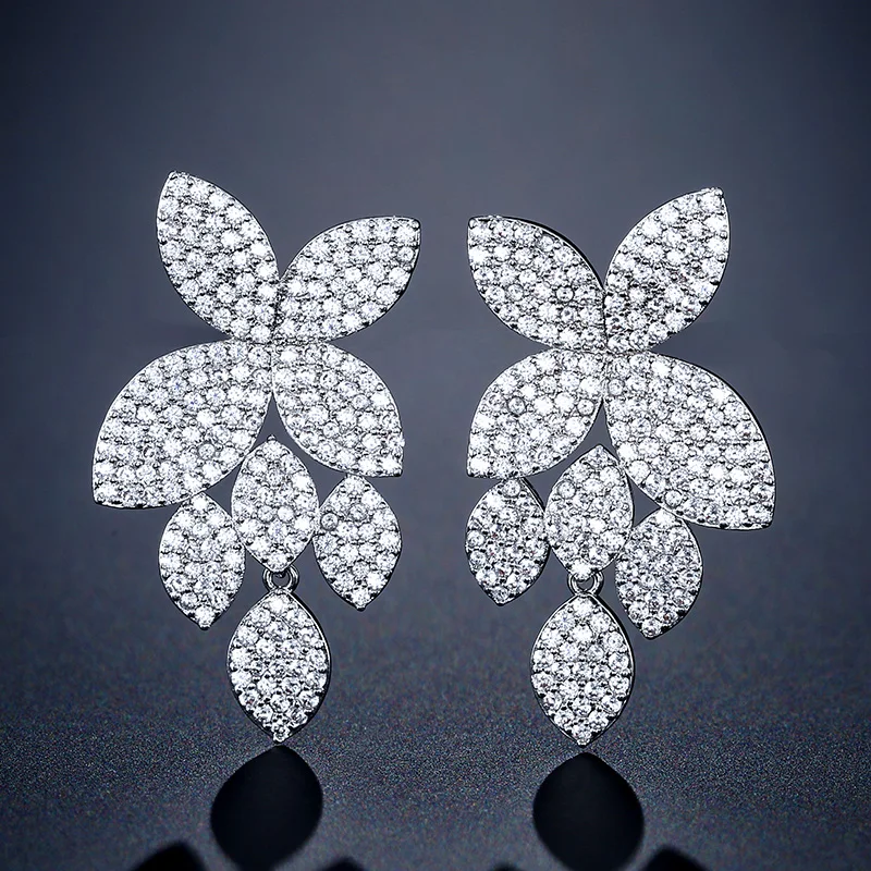 ZAKOL Luxus Micro Gepflasterte Zirkonia Blatt Pflanze Lange Baumeln Ohrring für Frauen Voll Dazzling Zirkon Hochzeit Party Trendy Schmuck
