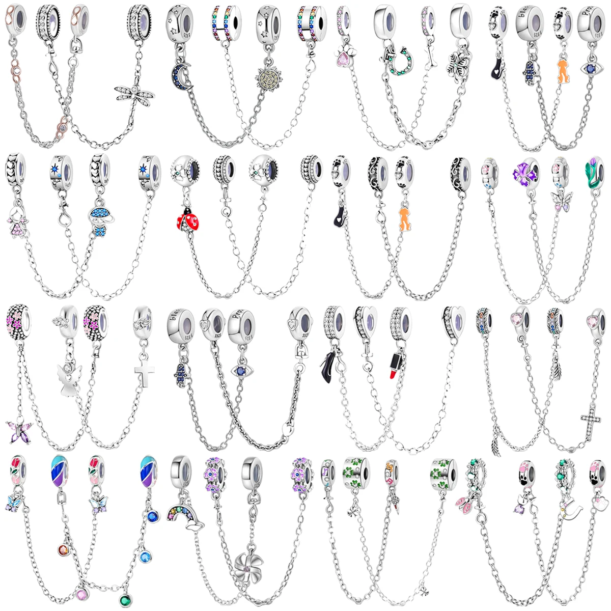 

Original 925 Sterling Silver Safety Chains Spacer Beads Pinwheel Clover Tulip Heels Lipstick Charm for Pandora Bracelet DIY Gift