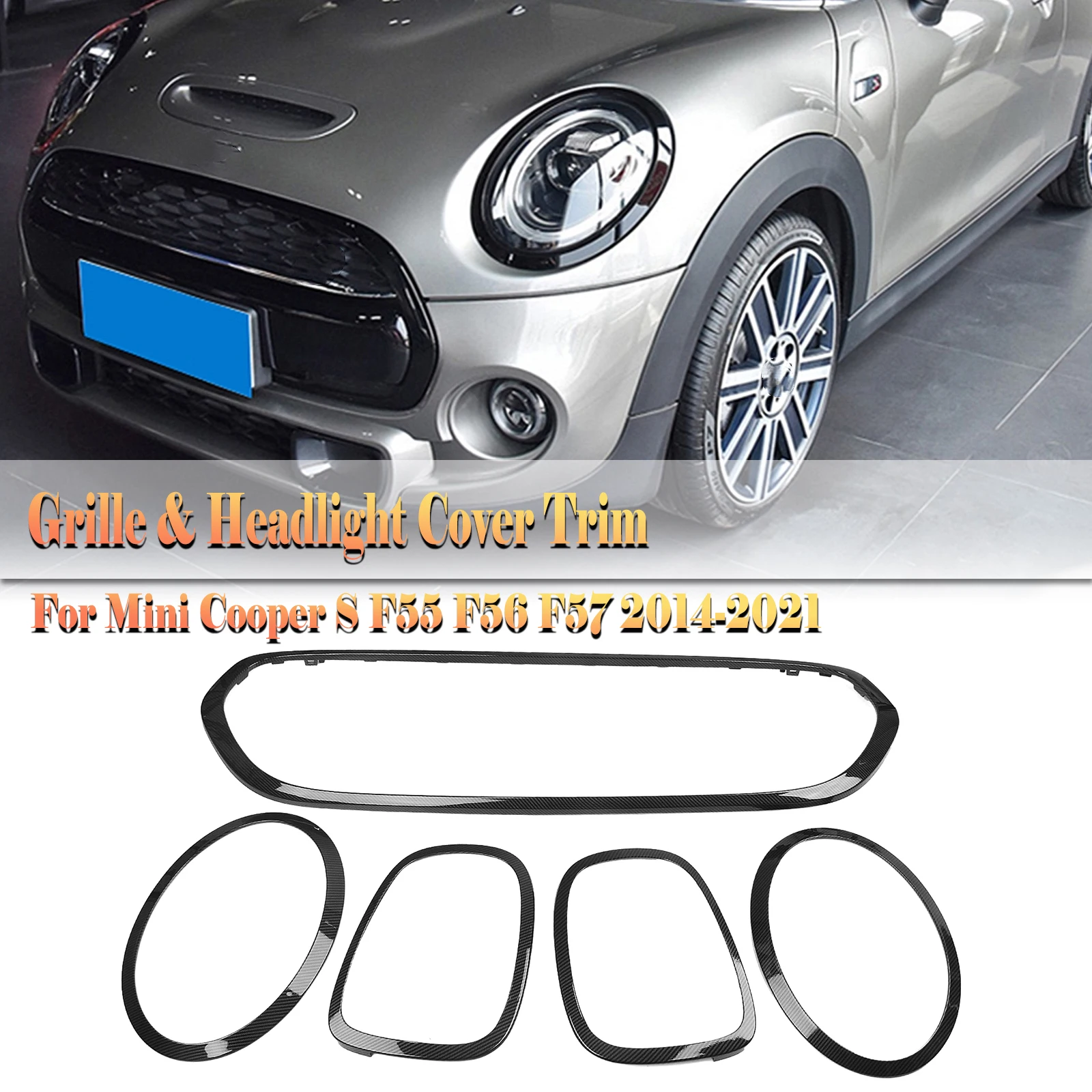 

For Mini Cooper S F55 F56 F57 2014-2021 Upper Bumper Hood Grille Grill Frame +Front+Rear Lamp Light Cover Trim Headlight Bezel