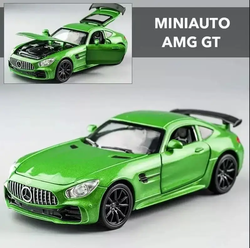 1:32 Mercedes Benz AMG GT-R adorno de modelo de coche de aleación, puertas y capó de motor, el maletero se puede abrir, juguetes eléctricos para niños