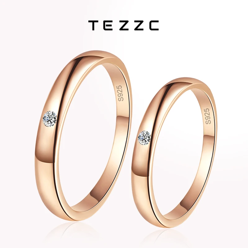 

Tezzc Moissanite Ring for Women Men 925 Sterling Silver With Champagne Gold Plated Couple Rings Wedding Promise Band Jewelry