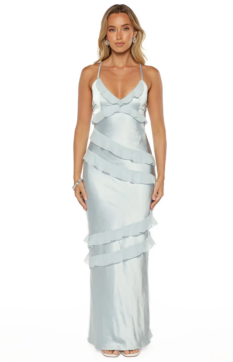 Blue Irregular Wave Slim Strap Dresses  Sexy V-neck Ruffle Female Sleeveless Holiday Slim Beach Dress Birthday Party prom outfit