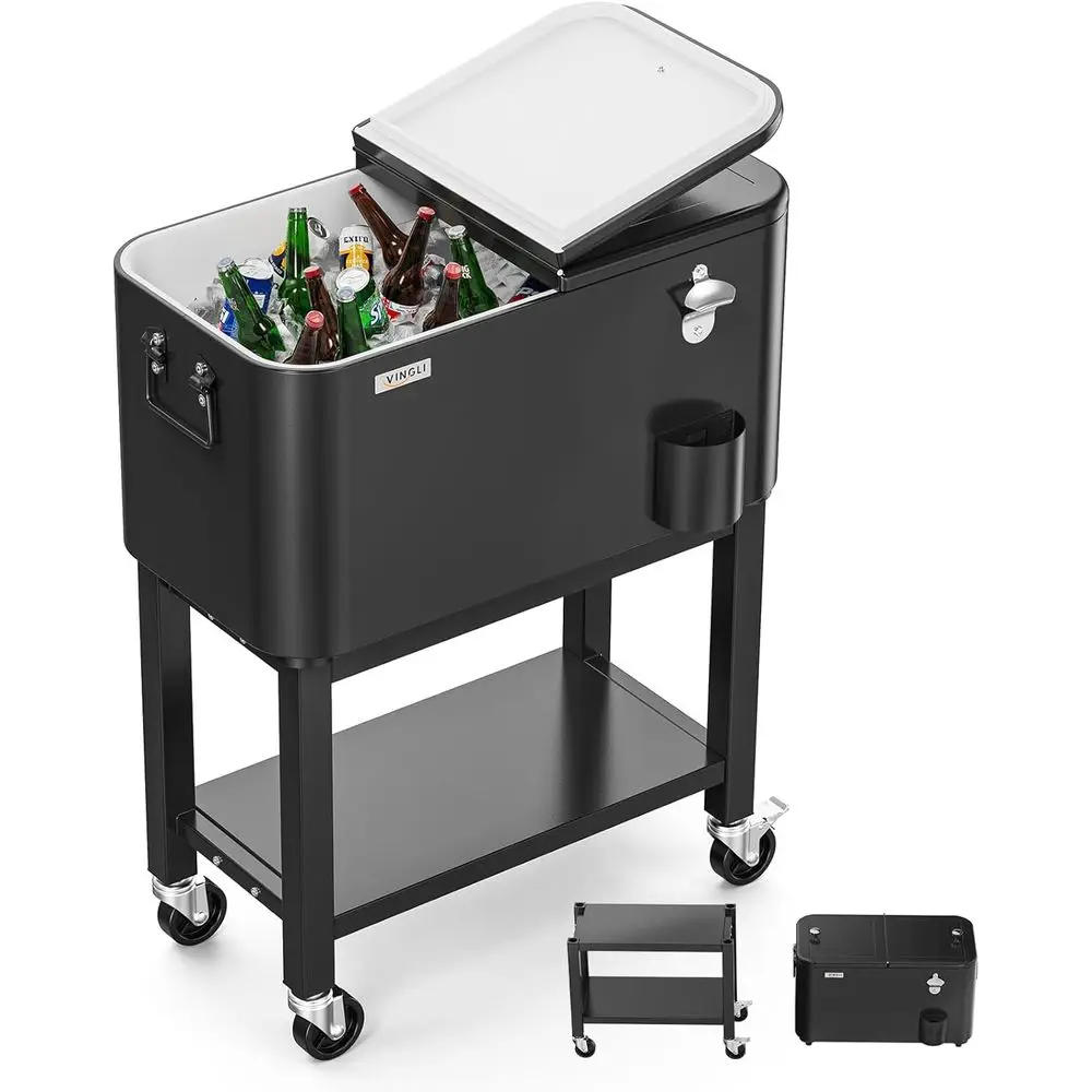 

Portable Rolling Patio Cooler Cart with Beverage Pool, Bottle Opener, and Water Pipe