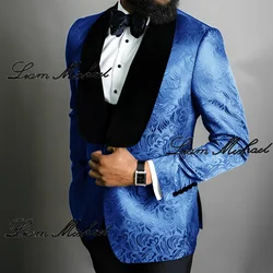 Royal Blue Jacquard Men's Blazer Wedding Groom Tuxedo Elegant Men's 3-piece Suit Set Velvet Collar Jacket Vest Pants