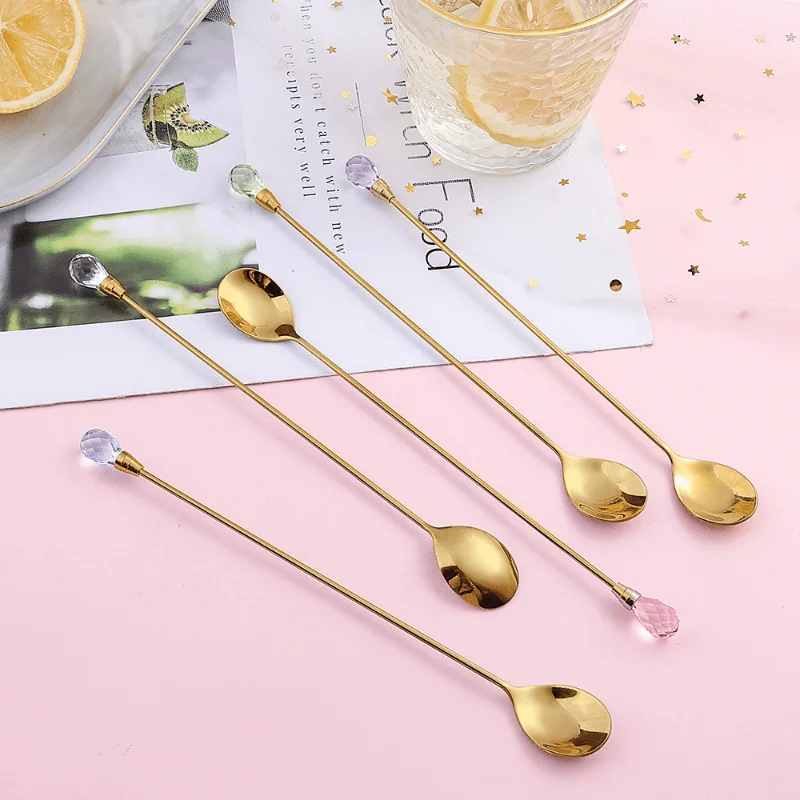 Creative Stainless Steel Spoon, Long Handle Artificial  Stirring Spoon, Zircon Inlaid Ice Spoon, Coffee Spoon, Wine Mixing Spoon