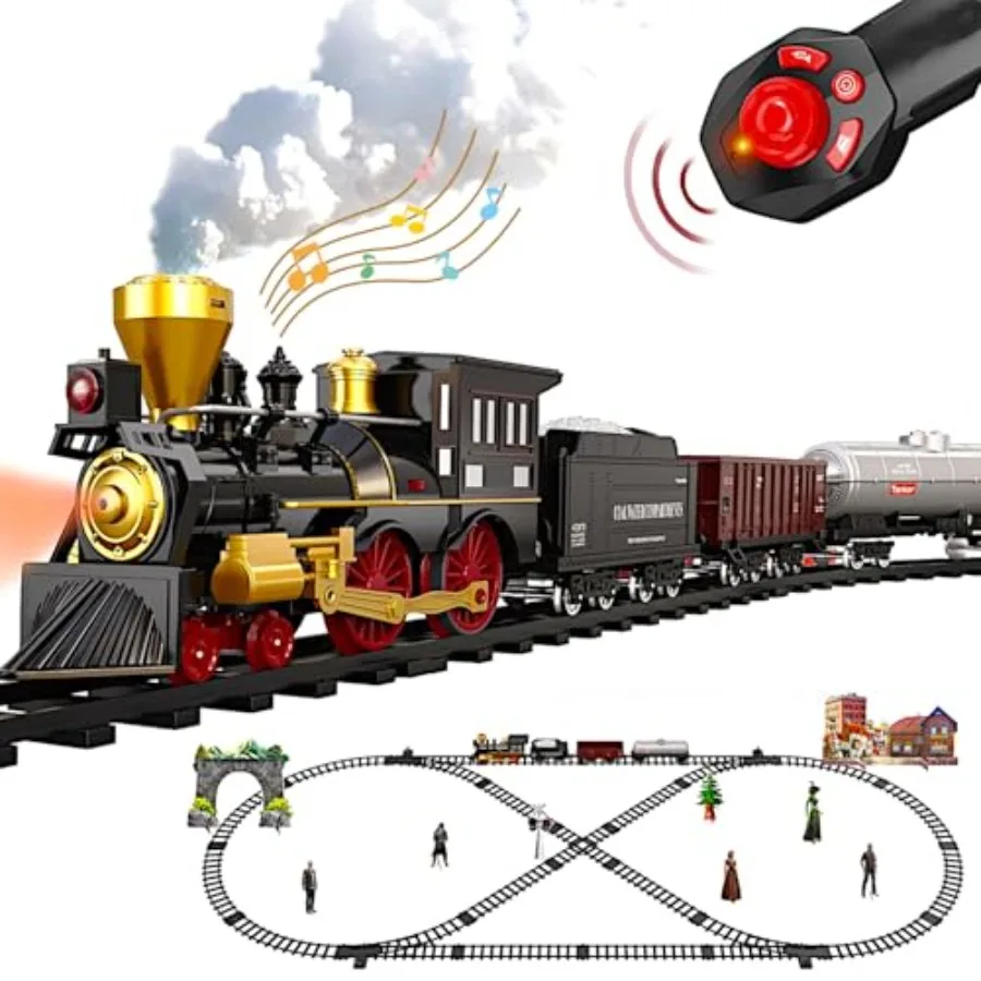 

RC Steam Locomotive Retro Train Set with Rechargeable Tender Cargo Smoke Sound Light Luxury Tracks Rail Christmas Tree Deco Ele