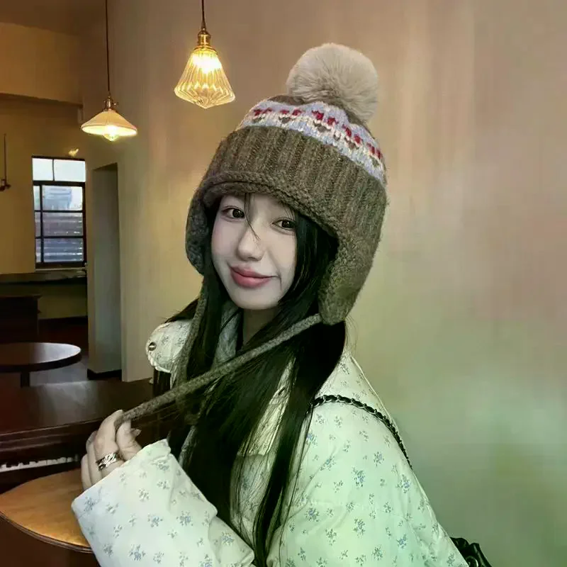 Fair Island Style Retro Jacquard Knitted Beanies Cap For Women Autumn Winter Warm Versatile Cute Pom-pom Ear Protection Hat