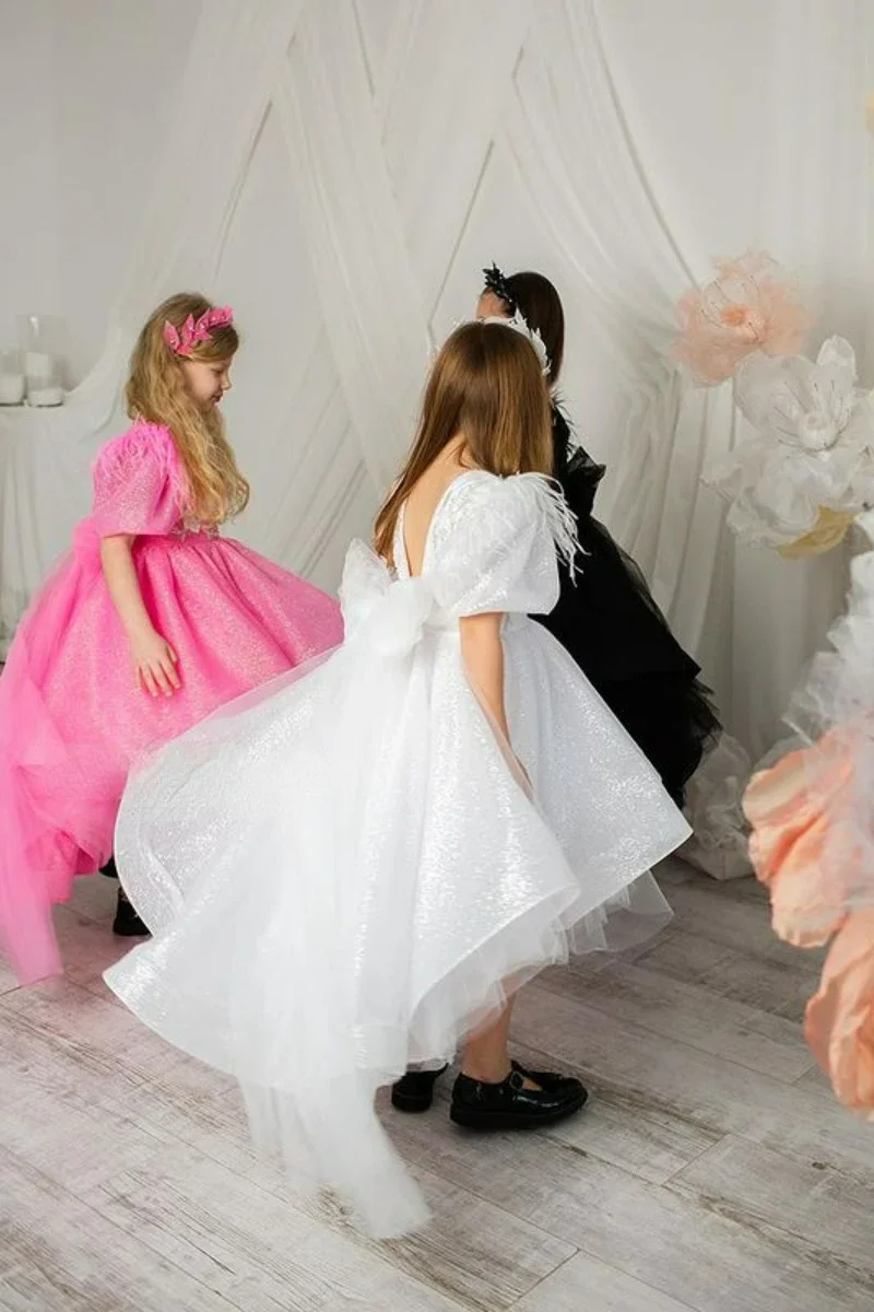 Precioso vestido rosa de flores para niña, vestido hinchado de tul de manga corta para boda, vestidos de noche para fiesta de cumpleaños para niñas pequeñas