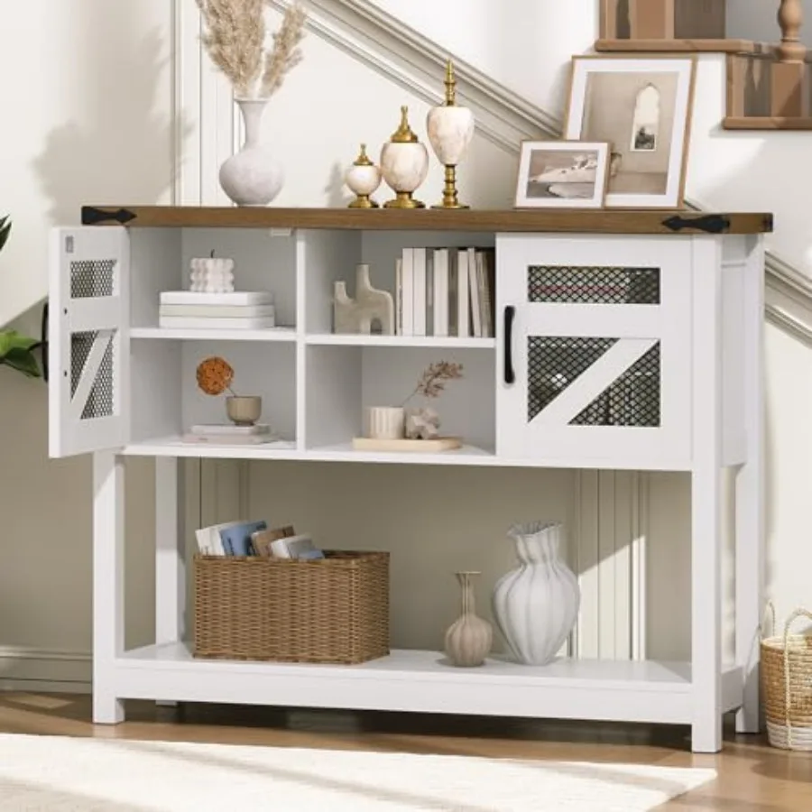 Farmhouse Entryway Table with Storage 43.3 Small Console Tables for Entryway Rustic Hallway Table with Open Shelf and 2 Cabine