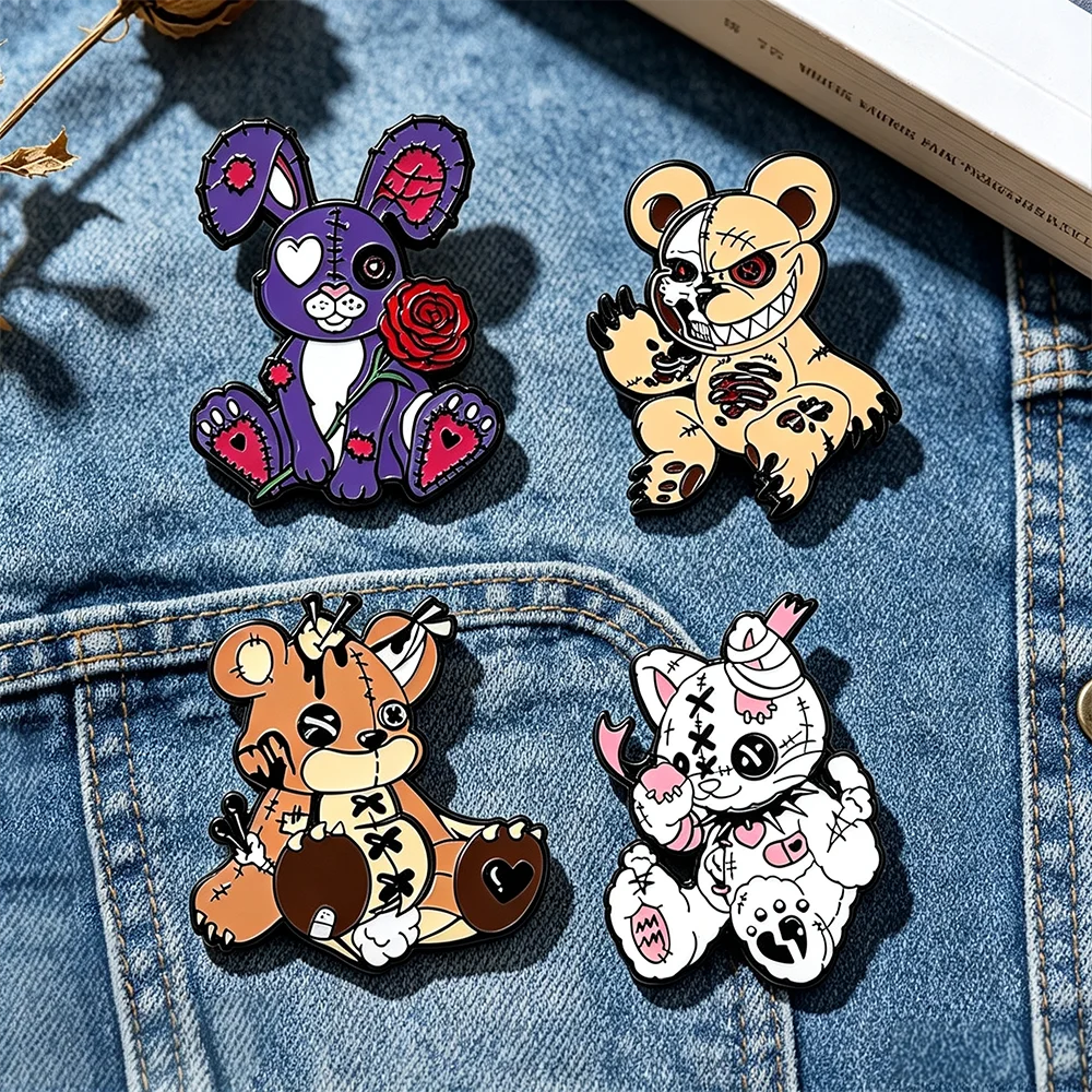 4pcs/set Creative Horror Stitching Bear Cartoon Brooches Metal Badge for Bag Clothing Backpack Personalized Decoration Pins Gift