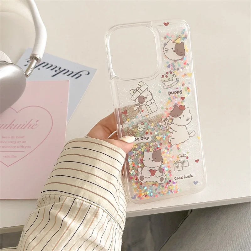 Cartoon Animals Quicksand Case 15 Cover for iPhone 14 13 Pro Max Shell Puppy Cat Dog Glitter Moving Sand Liquid Silicone Fundas