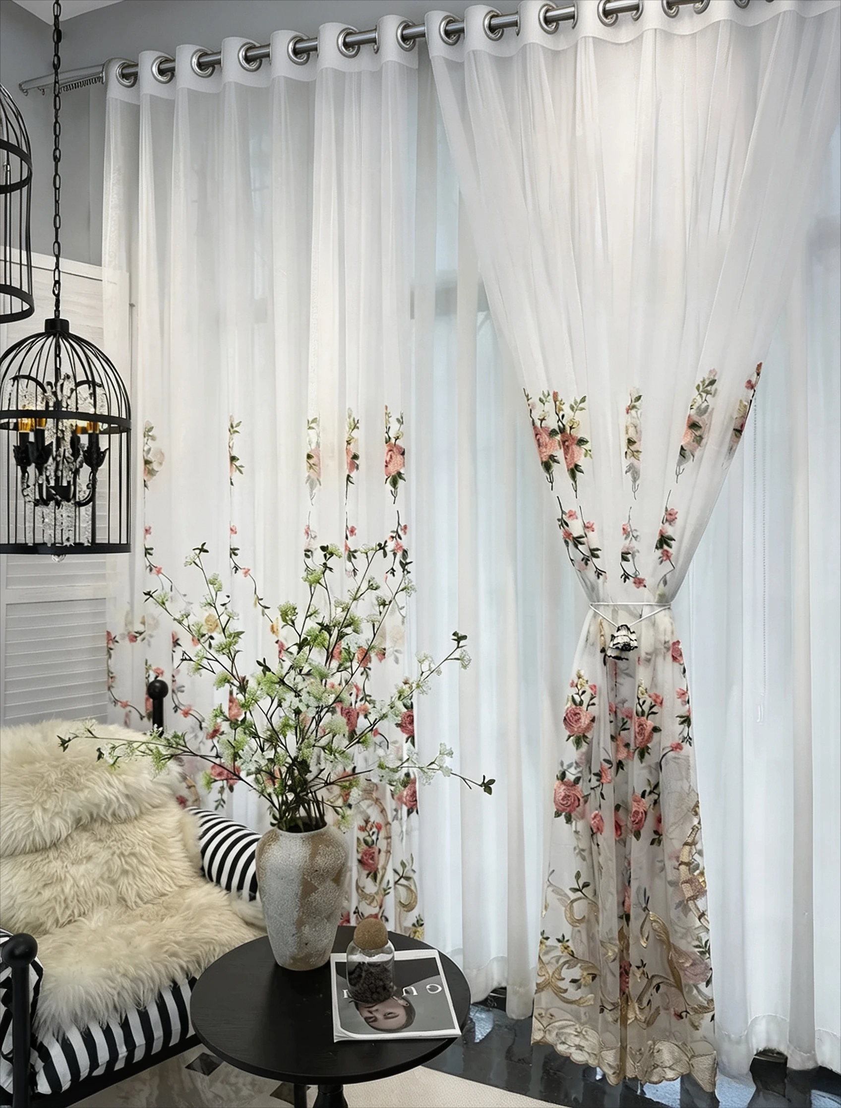 2026 New Light-transmitting New American  Embroidery Gauze Curtains for Bedroom Living Room Balcony Bay Window Customization
