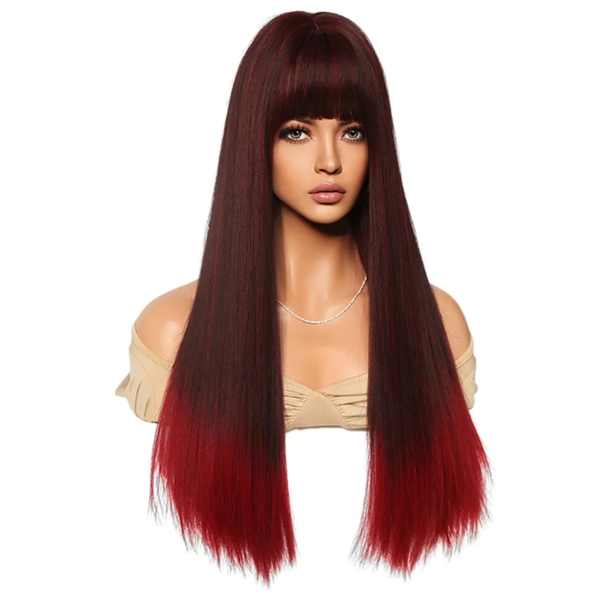 A72Z Black Gradient Red 62cm Cosplay Wig Europe and America Long Straight Hair Gradient Color Cover Wig