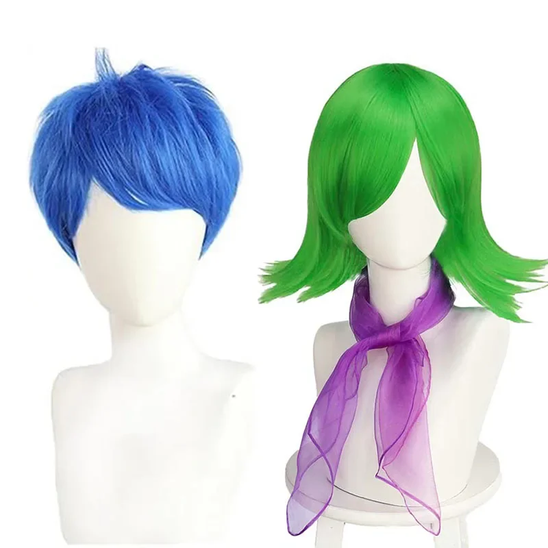 Anime Inside Out Disgust Cosplay Joy Blue Short Wig for Girls Women Green Wigs Halloween Party Synthetic Hair Wigs