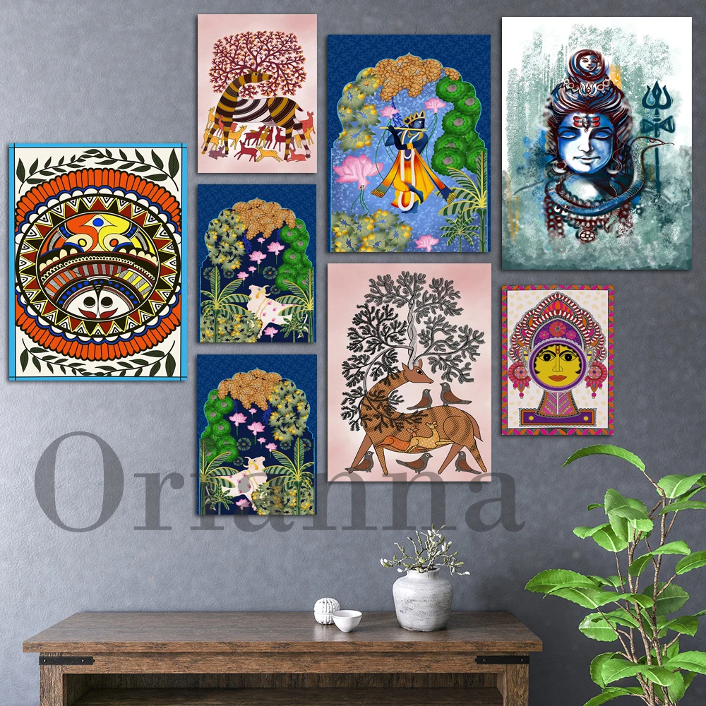 

Индийский красочный постер Pichwai Madhubani Gond Art Lord Shiva Madhubani Krishna Leela для гостиной настенный Декор