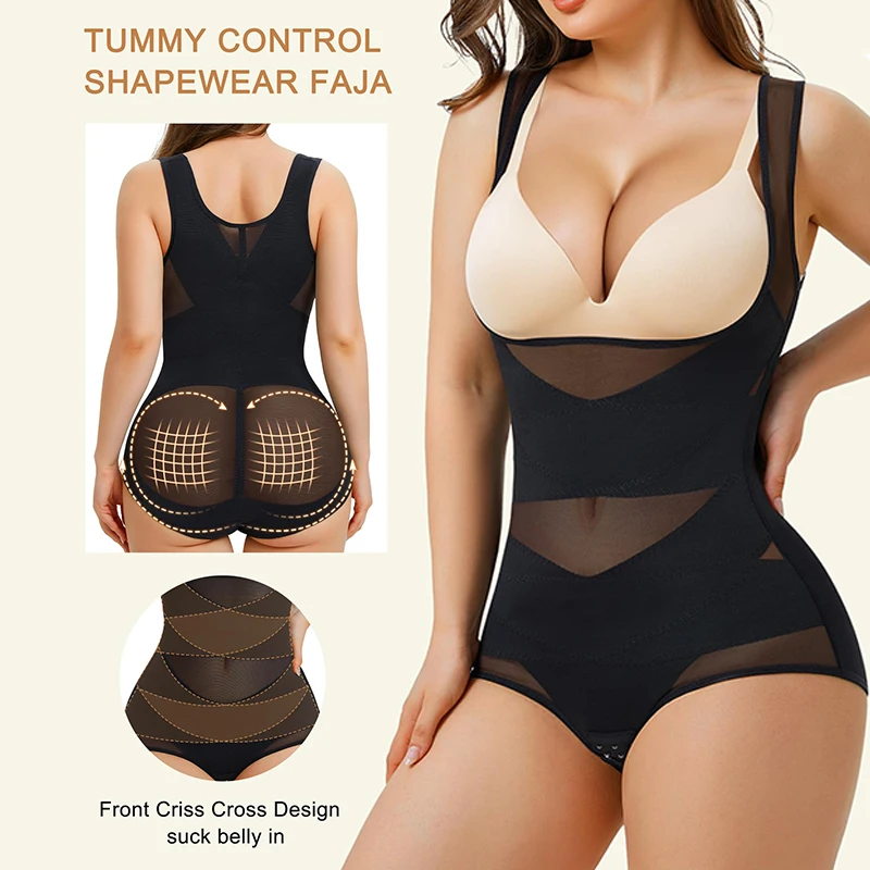 Mesh Shapewear Bodysuit for Women Tummy Control Waist Trainer Butt Lifter Panties Slimming Body Shaper Open Bust Underwear 2024