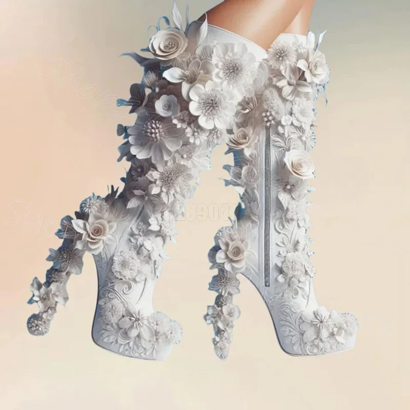 화이트 아플리케 레드 라운드 토 플랫폼 부츠 사이드 지퍼 여성 신발 청키 하이힐 파티 연회 2025 여성용 신발