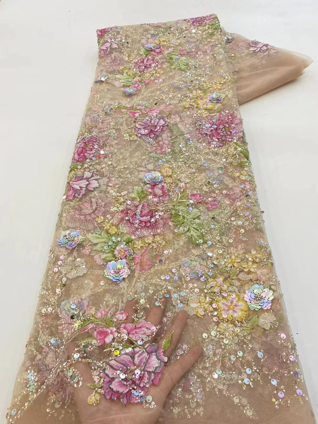 2.5 Yards Salouva African 3D Flower Lace Fabric, Embroidered Applique, Nigerian Fabric for Sewing, Dubai Sequins Tulle Dresses