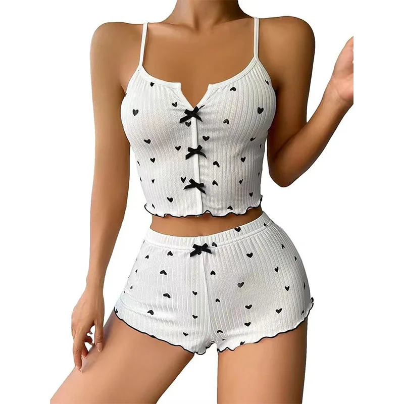 Women's Pajamas Set Bowknot Decor Sleepwear 2 PCS Short Tank Tops And Shorts Ventilate Loungewear Two-piece Female Nightwear
