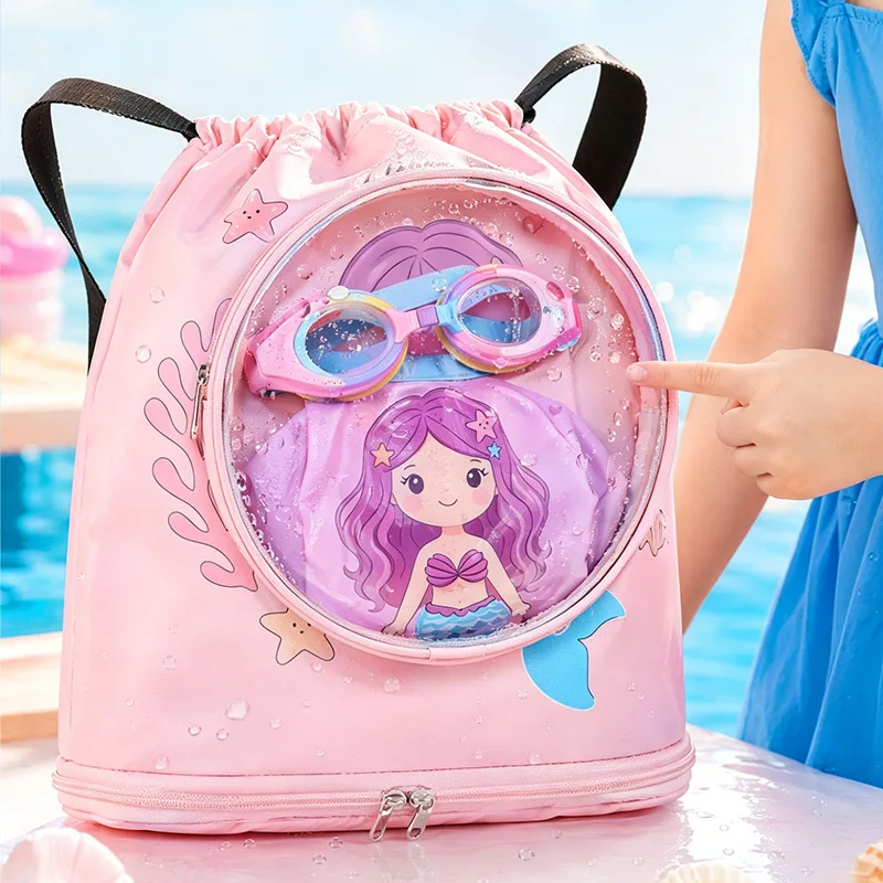 Children's Cartoon Swim Bag with Wet Dry Separation, Independent Shoe Storage, Waterproof & Lightweight Beach Backpack