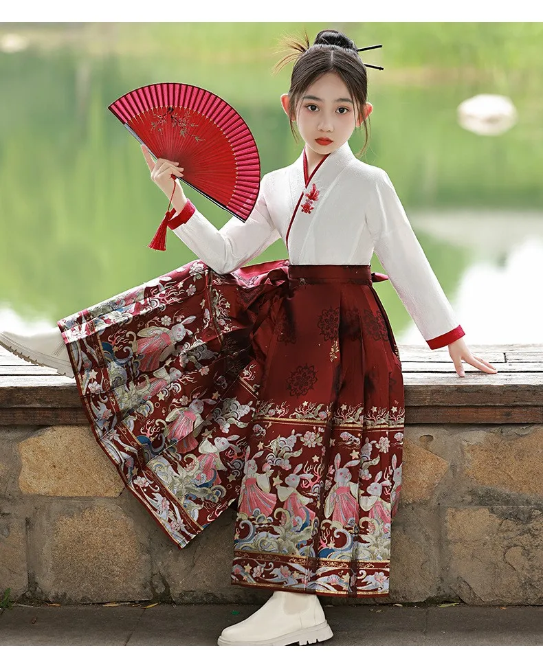 Antiche ragazze cinesi vestito gonna faccia di cavallo Hanfu bambini tradizionali eseguire abiti arti marziali Costume Cosplay uniforme studentesca