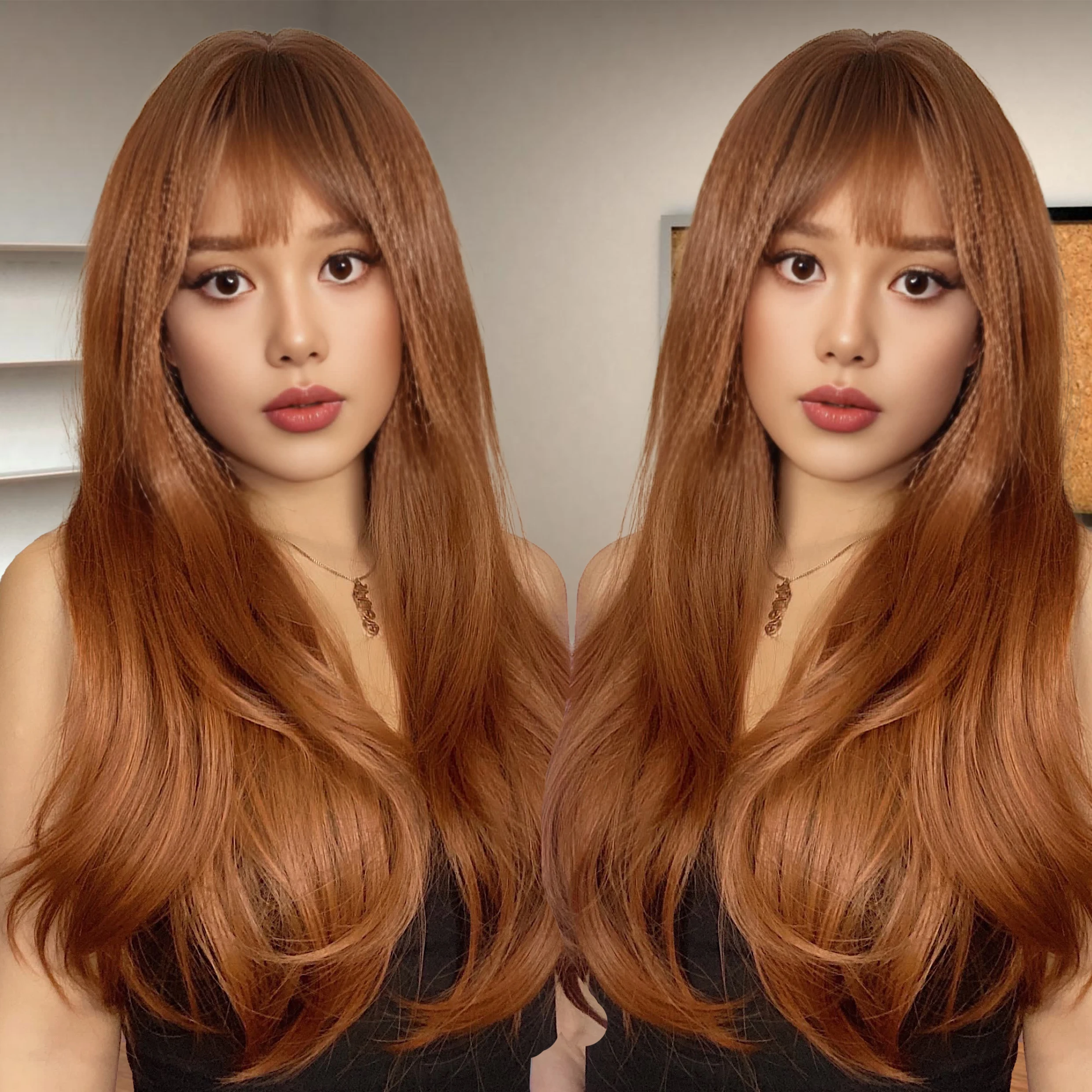 

22inch Orange Long Curly Hair, with a Center Parting and Bangs, Synthetic Fiber Long Hair with Large Waves, Suitable for Daily Use and for Festivals