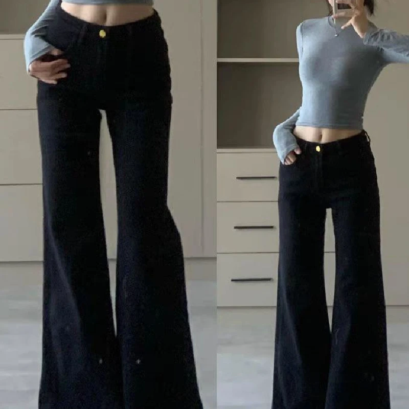 

High Waist Wide Leg Bell Bot Jeans Women's Bla Elastic Slimming Skinny Jeans Commute Sle Autumn Faion Ladies Jeans