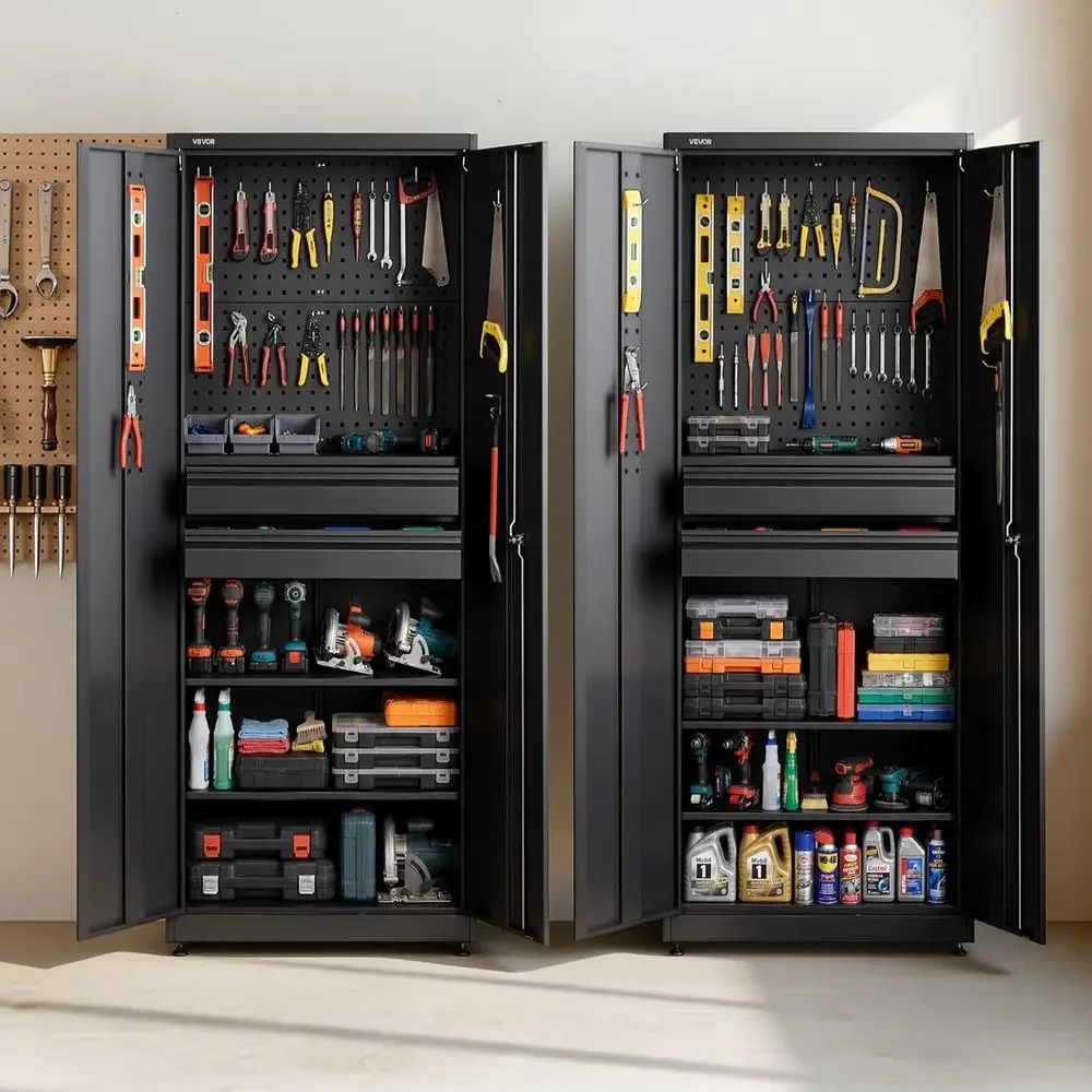 180 lbs Capacity Tall Garage Storage Cabinet with Locking Doors, Adjustable Shelves, Drawers, Pegboard for Home and Office Use