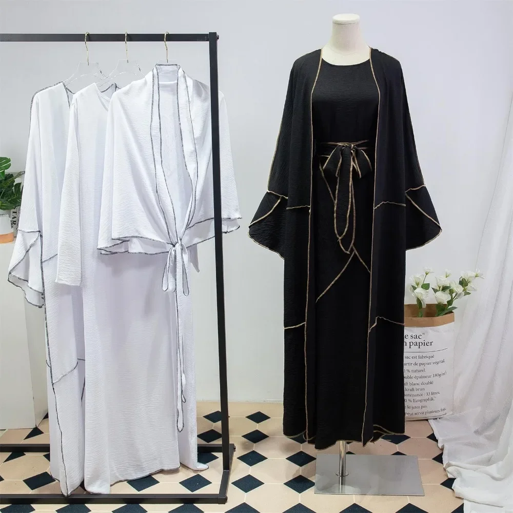 3Pcs Women Open Front  Abaya Muslim Sets Jilbabs Loose Sleeveless Inner Dress Three Pieces Prayer Clothing With Upbind