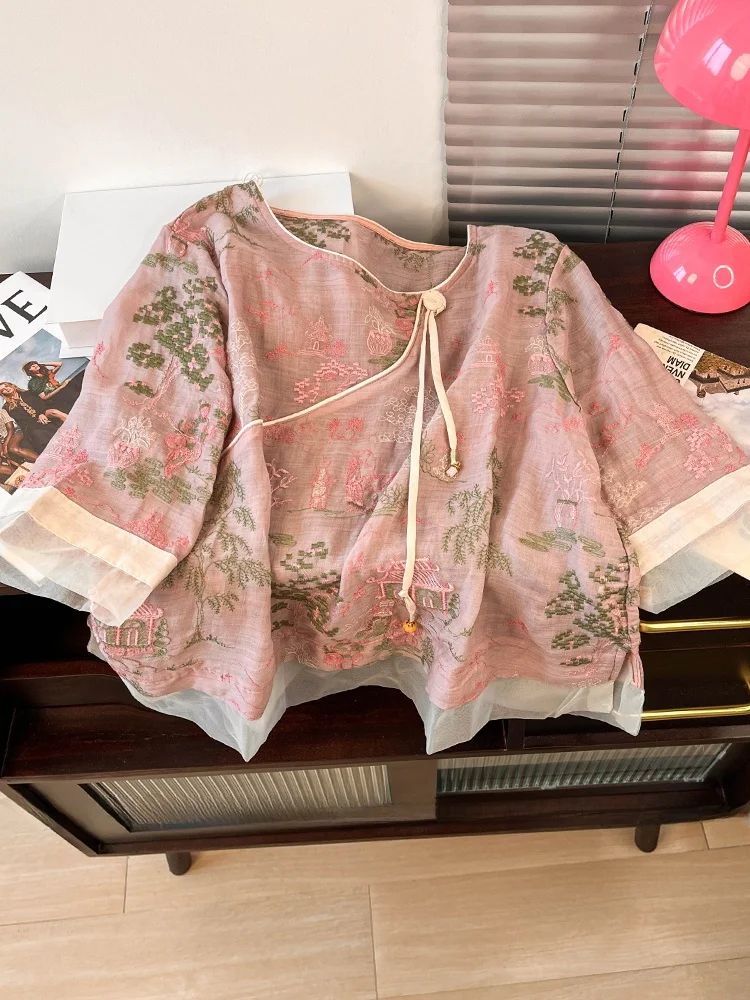 

Retro Chinese Sle Embroidered Linen Cotton Blend Summer Thin Five-Quarter Sve irt Women's Loose Fit round Ne Top