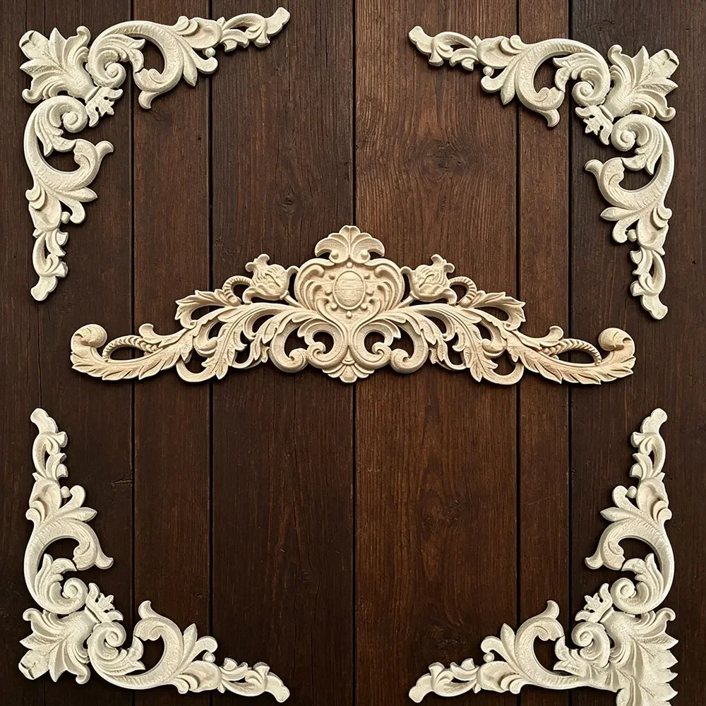 5PCS Flower Carving Natural Wood Appliques for Furniture Cabinet Unpainted Wooden Mouldings Decal Decorative Figurine