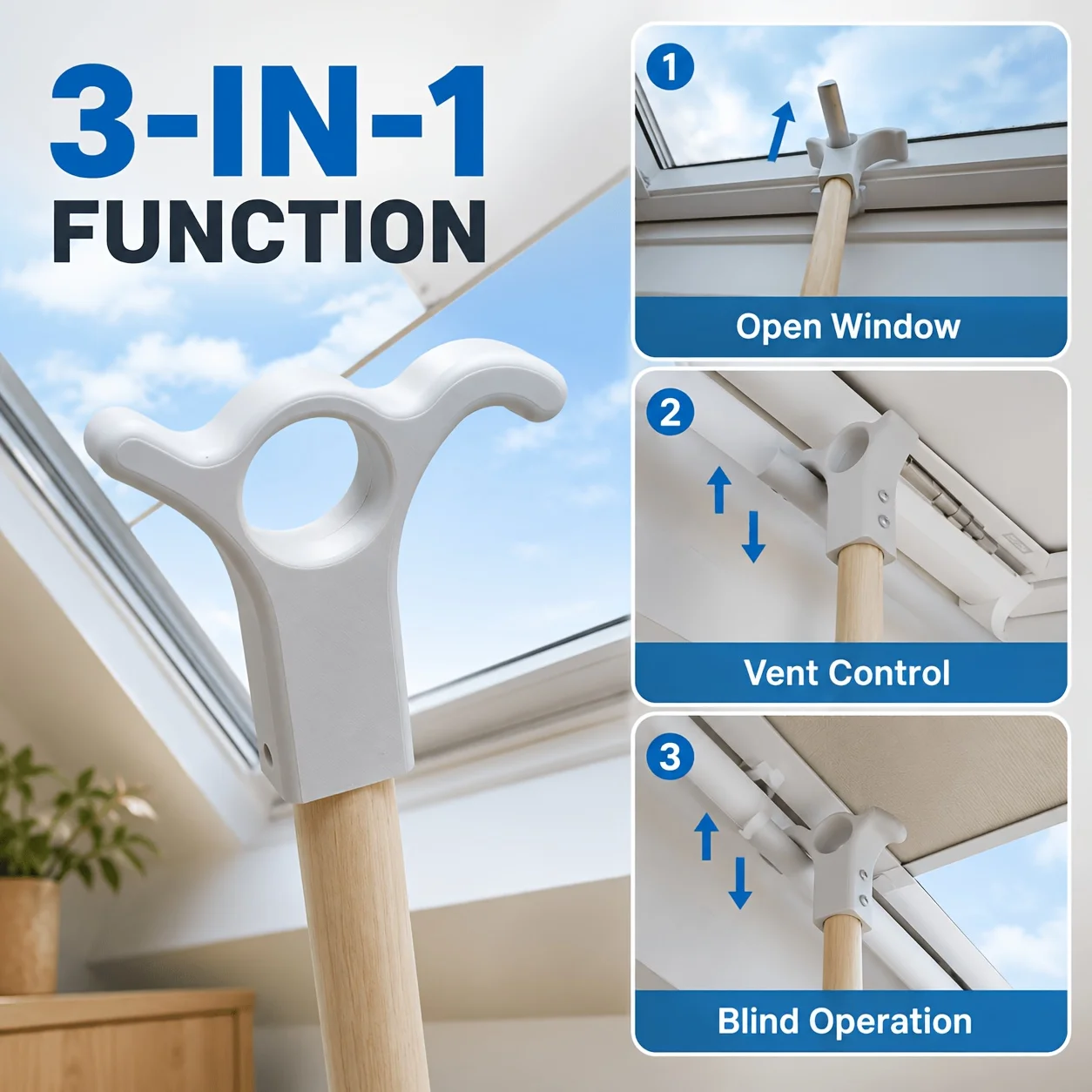 3-in-1 Skylight Opener Hook Head, 24mm Broom Handle Adapter, Screw Fixed Vent Blind Control Accessory , Roof Window Hook