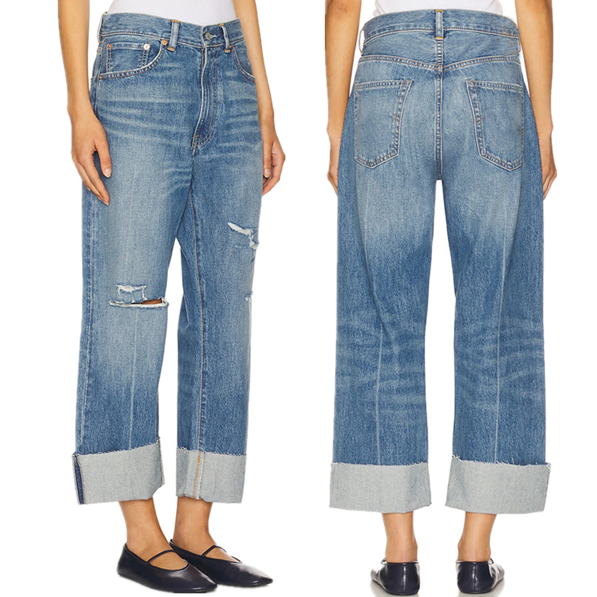 

Maxdutti French Fashion Minimalist Ripped Jeans Straight Denim Pants Cut Flanged Cropped Jeans Women's Denim Pants Woman Clothes