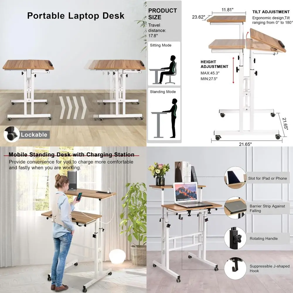 

Vintage Oak Adjustable Laptop Stand with Charging Station for Home and Office Use