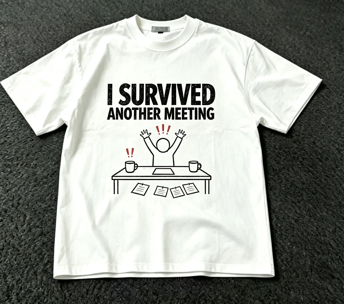 I Survived Another Meeting Office Work Meme Graphic T‑Shirt Funny Coworker Sarcasm Quote Print Unisex Cotton Streetwear Short Sleeve Tops for Men Women Workplace Humor Gift