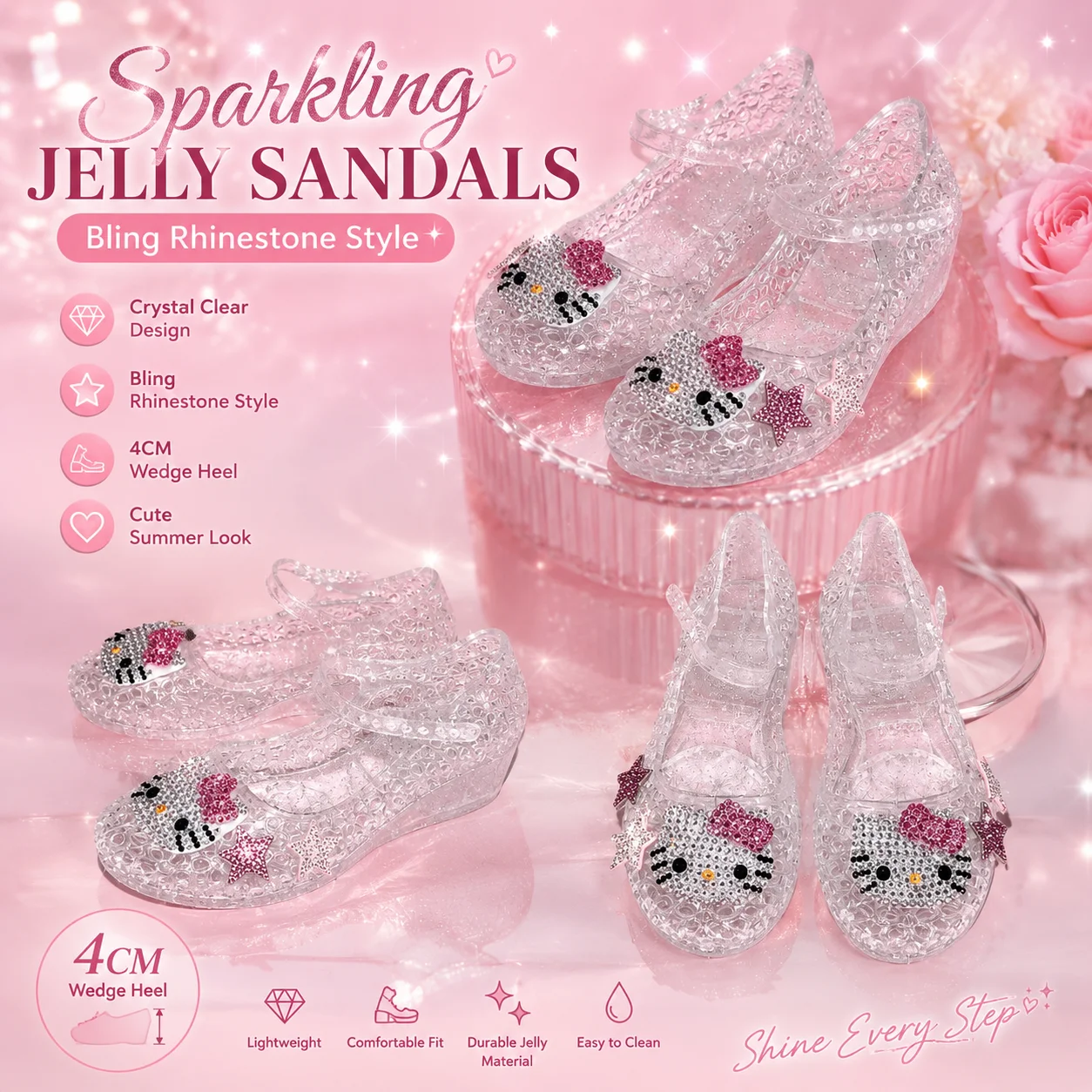

Sanrio Hello Kitty Hello Kitty Summer Rhinestone Crystal Wedge Jelly Sandals Transparent Cute Star Accent Sparkly Retro Shoes