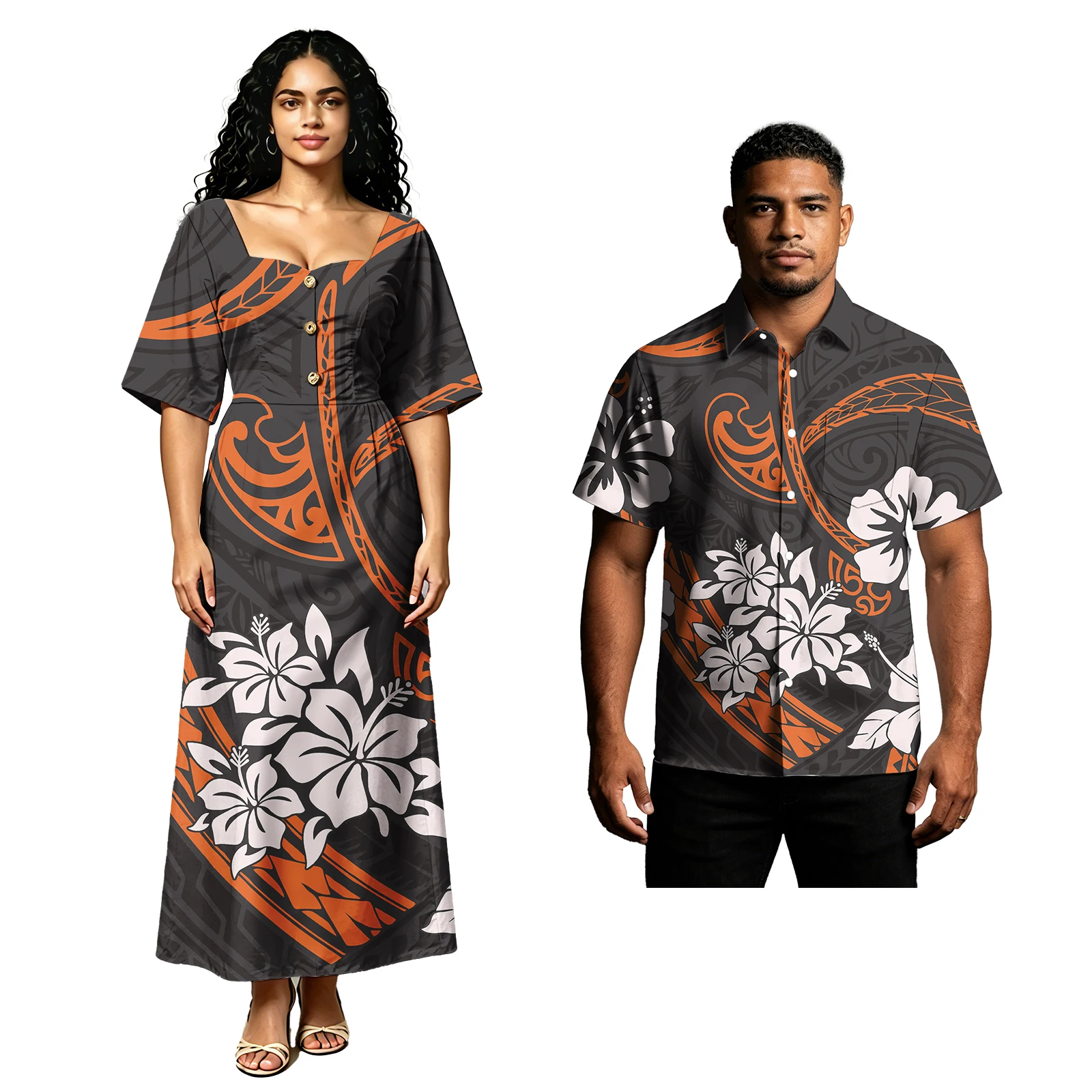 Party Polynesian Tribal Style Men Shirts Ladies Sweetheart Neckline Samoan Dress Pacific Hawaiian Hibiscus Print Couple of Set