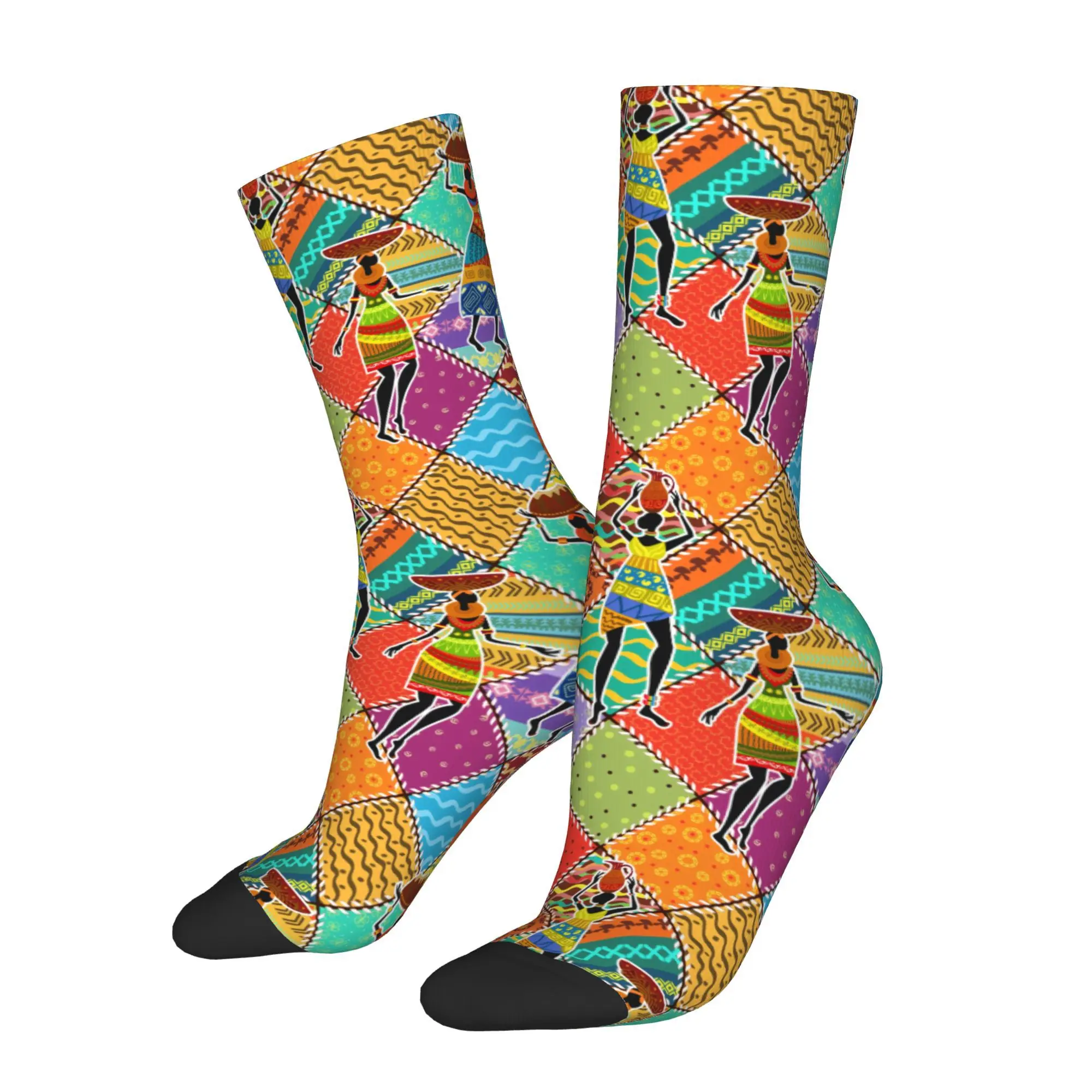 1pc Colorful Patchwork with Dancing African Womans Printed Men's Socks  Novelty Hip Hop Harajuku Pattern Crew Sock Casual Gift