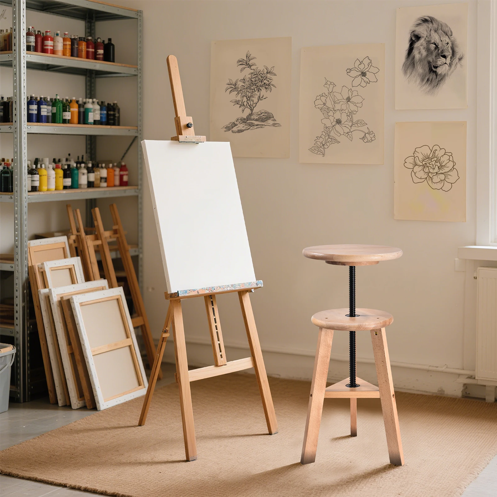 Wooden Artist Stool Swivel Adjustable 48-65cm, Multifunctional Drafting Chair for Office & Home Studio