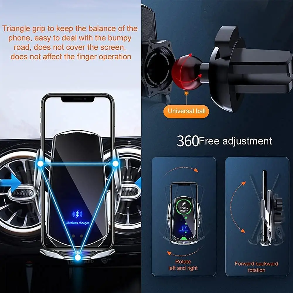 Q3 Smart Sensor Car Phone Wireless Charger 15W Fast Charging Auto-Clamping Car Phone Holder for iPhone and All Qi Enable Android