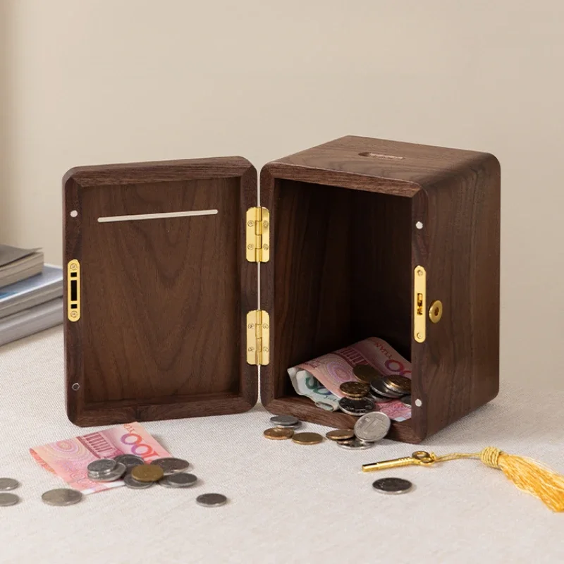 Light Luxury Black Walnut Lockable Piggy Bank, Children's Birthday Gift Piggy Bank, Solid Wood Coin Bank, Home Decor Accessories