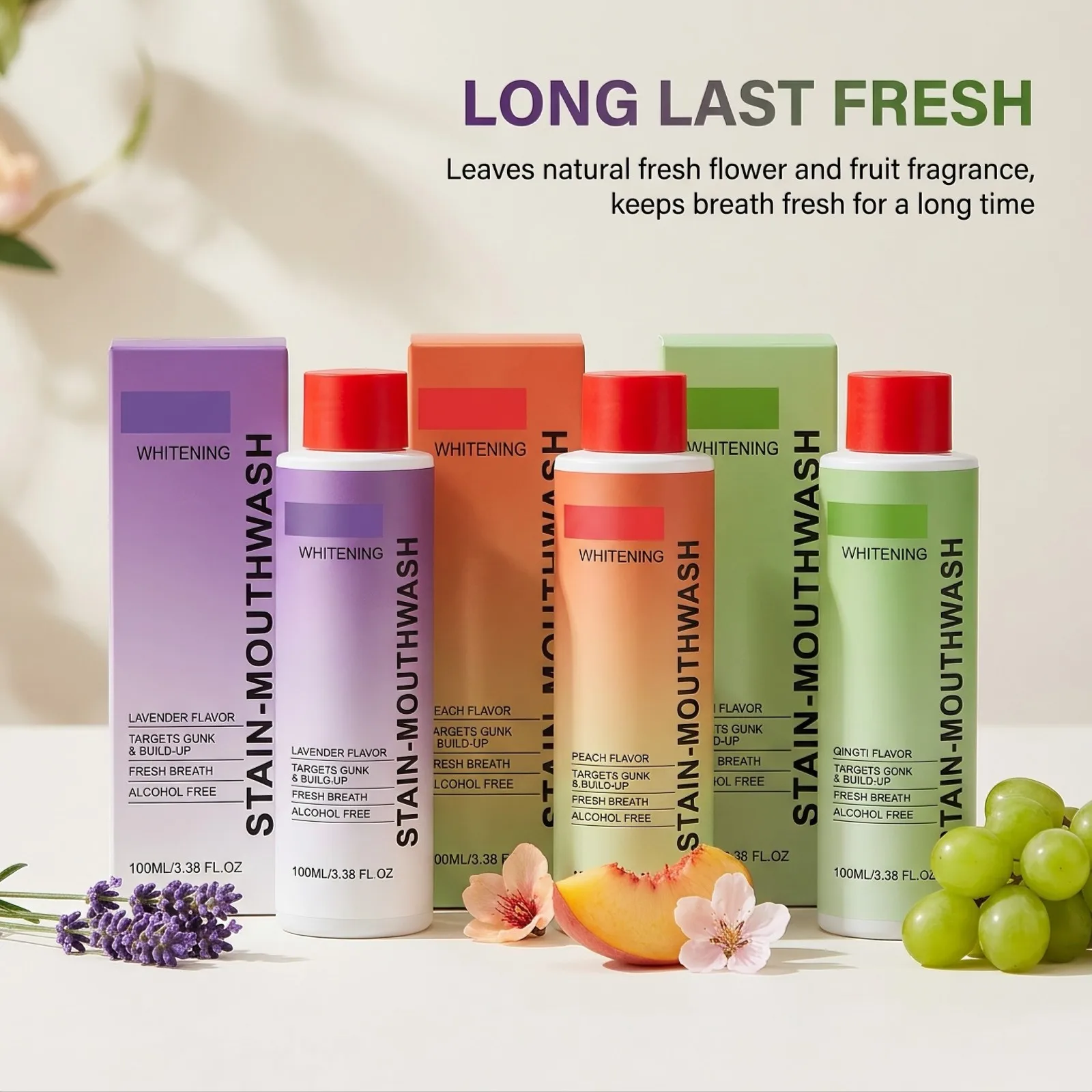 Brightening Mouthwash Sachets 3 Flavors Lavender Peach Grape Alcohol Free Gentle Gum Care Fresh Breath Portable
