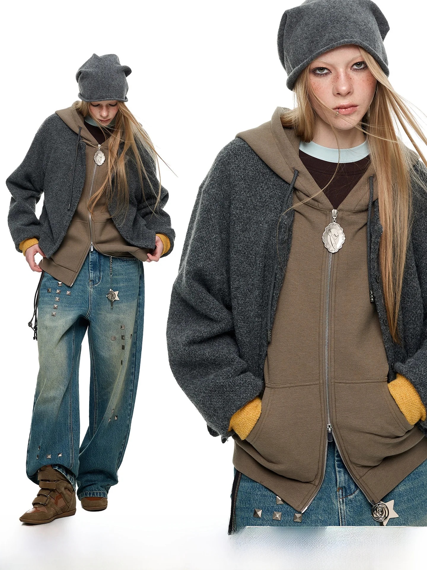 

JIKOO Women's Hooded Air Fce Patchwork Sweatirt Cardigan Winter Outerwear Casual Loose Fit ort Coat Roade Picnic